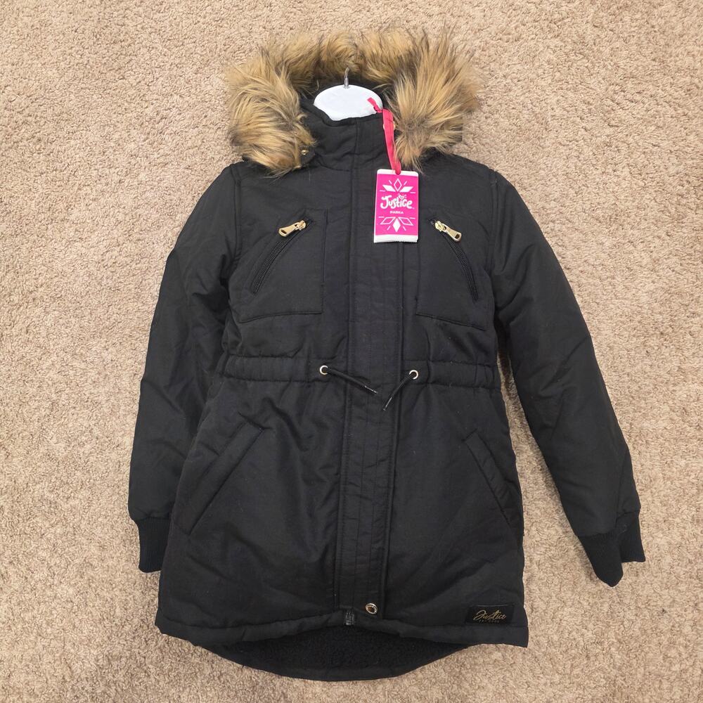 NWT Justice black fleece lined Chamarra tipo parka girls sz 10